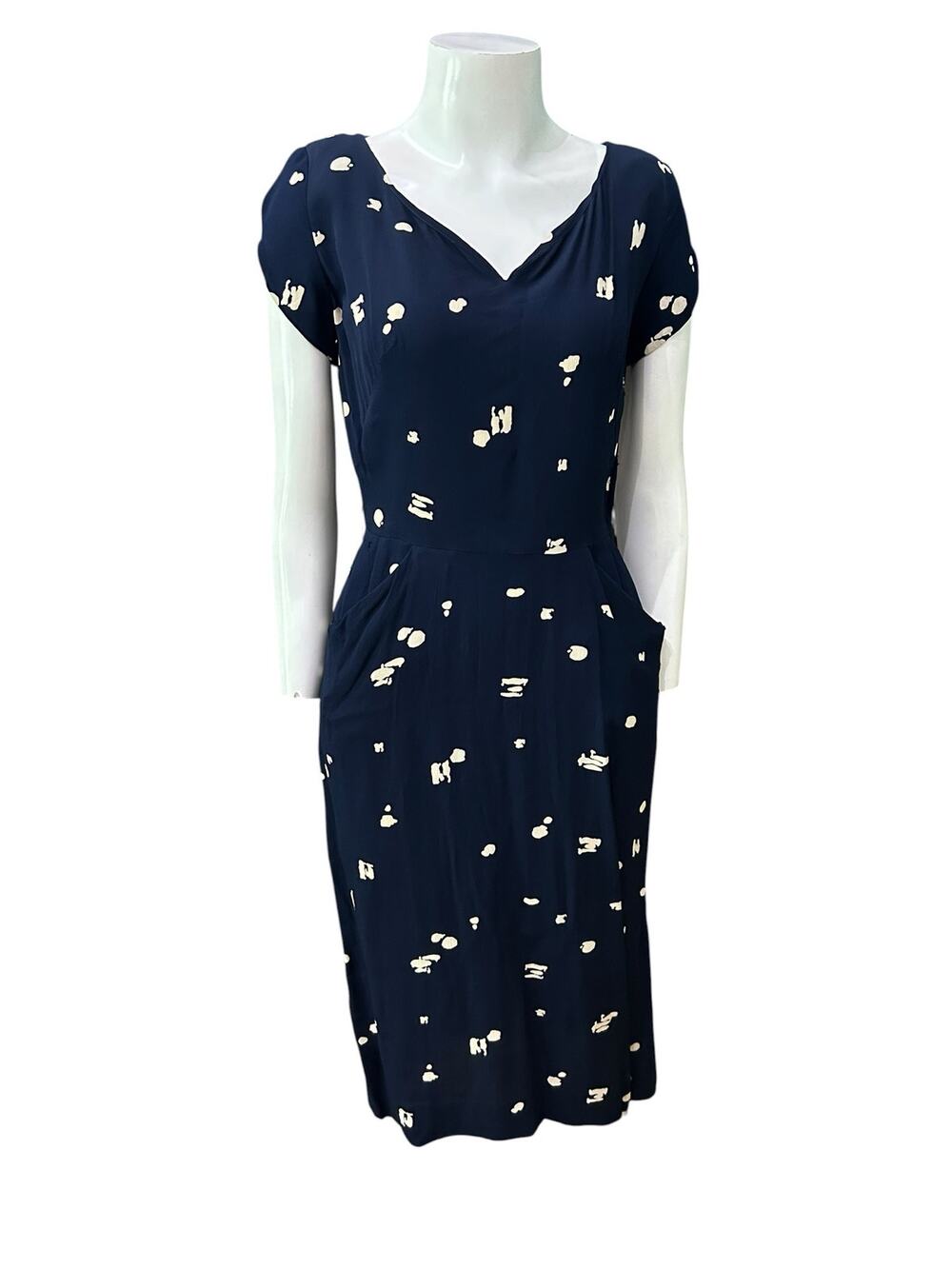 Vintage 1940s Navy Abstract Print Dress XS Side Metal Zip Pockets AS IS -